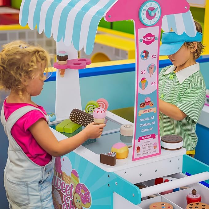 Lil’ Jumbl Wooden Sweet Treats Playset, Kids Play Pretend Dessert Stand Push Cart w/ 20+ Ice Cream Cone, Popsicle & Cupcake Accessories, Food Displays, Awning, Freezer, Storage Drawers, Clock & Menus