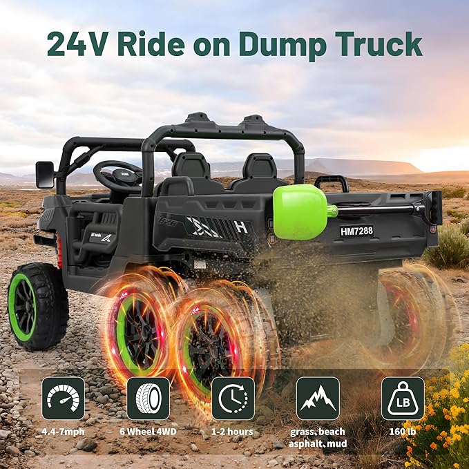 24V UTV 2 Seater Dump Truck with Remote Control, Electric Dump Bed, 4WD Power Ride on Truck Cars 6x6 Wheels, Music, Storage Trunk, Shovel for Kids-Black