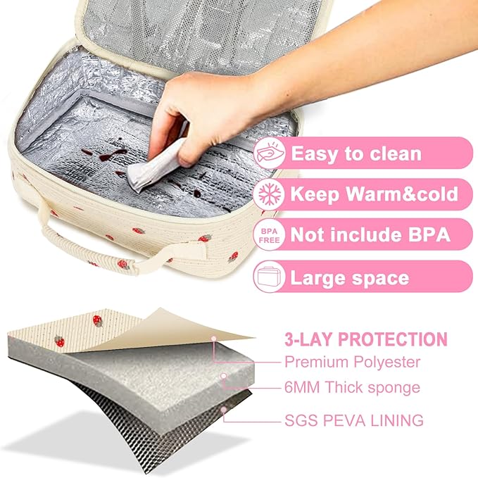 Bluboon Insulated Lunch Bag for Girls & Boys, Corduroy School Lunch Box with Cooler & Organizer Compartments, Leak-Proof Lunch Tote for School, Travel (Corduroy Strawberries Beige)