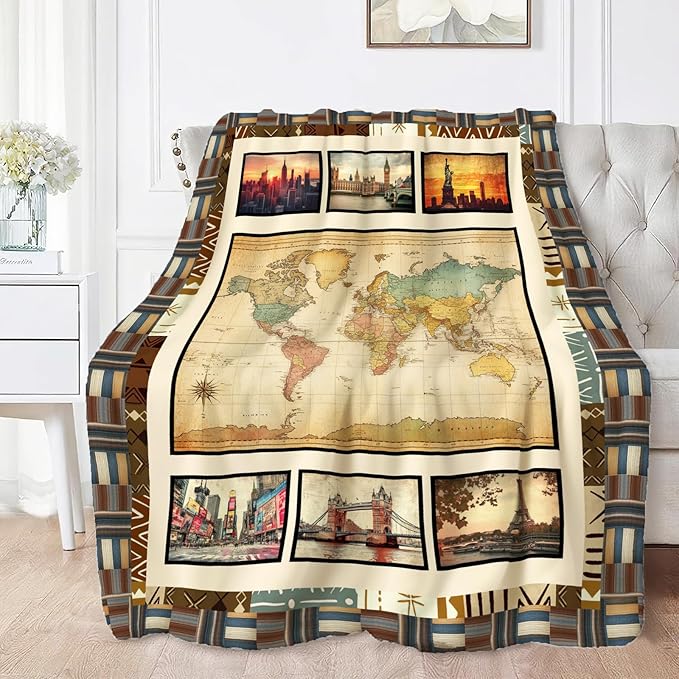 World Map Throw Blanket Ultra Soft Cityscape Flannel Blanket Lightweight Cozy Print Blankets Gift for Women and Men Couch Sofa Bed 60" x 50"
