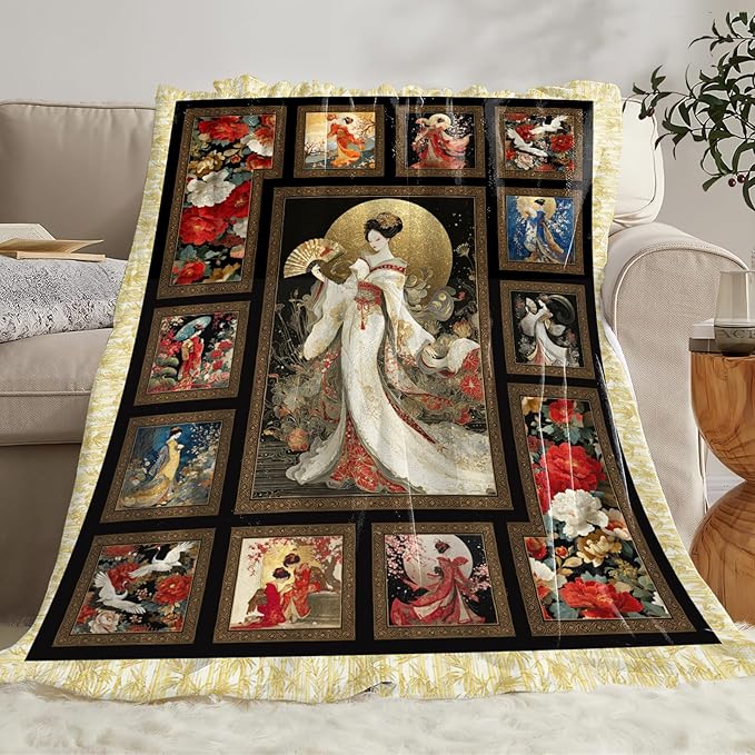 Japanese Gifts for Women, Japan Geisha Girls Flannel Throw Blanket, Cozy Fleece Soft Stuff Blankets Gift for Girls Couch Sofa Bed 60" x 50"