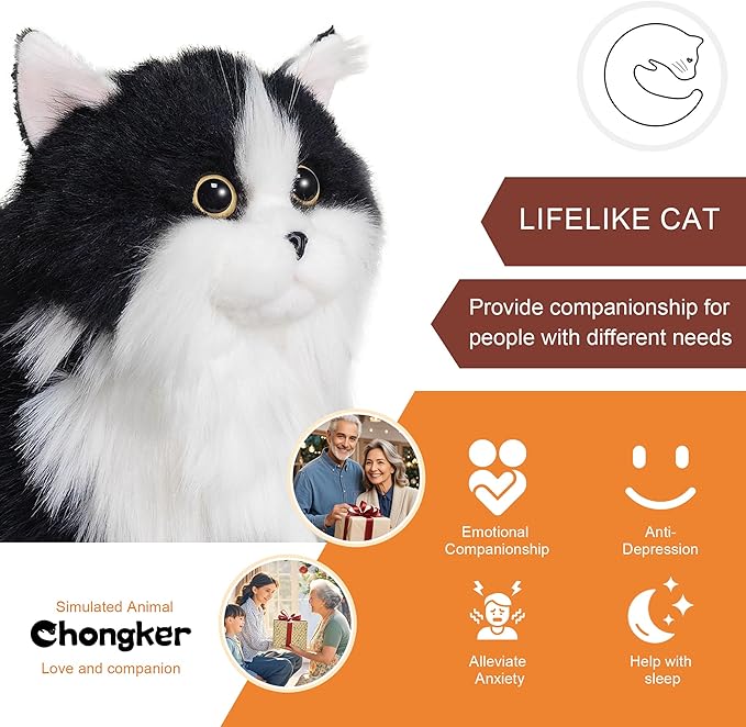 Chongker Stuffed Animals Handmade Cat Plush, Realistic Companion Pet, Black Cat