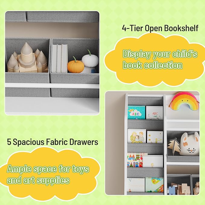 Toy Storage Organizer, Kids Toy Storage with 5 Fabric Drawers and 5-Tier Hanging Bookshelf, Elastic Doors and Guardrail, Bookcase for Bedroom, Nursery, Classroom, White and Gray