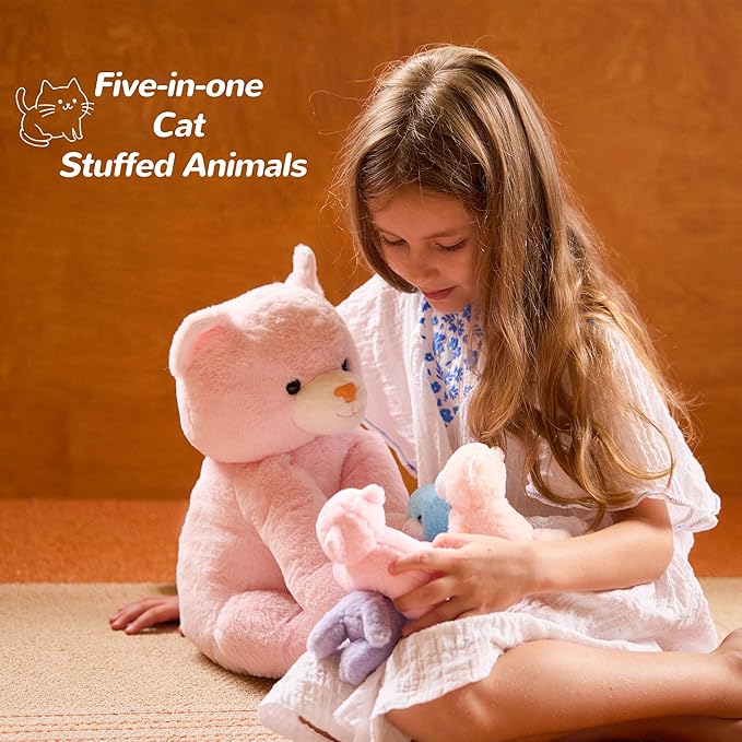 5 Pieces Cat Stuffed Animals for Girls, 1 Mommy Cat with 4 Babies, Soft Plush Cat Toy Set for Kids 3-9, Gifts for Christmas, Birthday, Children's Day, Valentine's