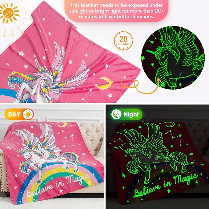 Unicorn Gifts Toys for Kids Girls - Glow in The Dark Blanket Age 1-13 Years Old Birthday Christmas Valentine's Gift Easter Presents Toddler Teen Daughter Grandkids Rainbow Moon Stars Throw 50"x60"