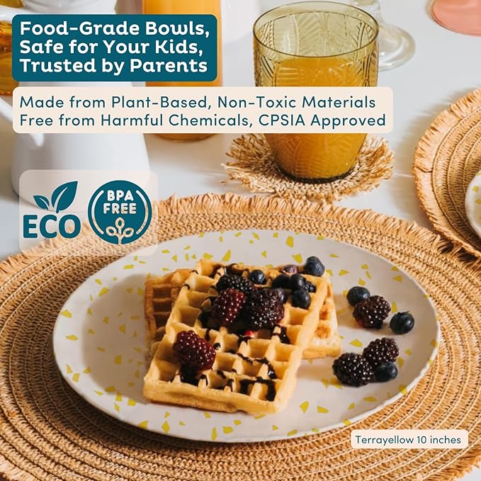 Nook Theory 4 Pack Reusable Bamboo Plates - Non-Toxic Toddler and Kids Plate, Dishwasher Safe, Not Microwavable Dinnerware (Terrayellow 8")