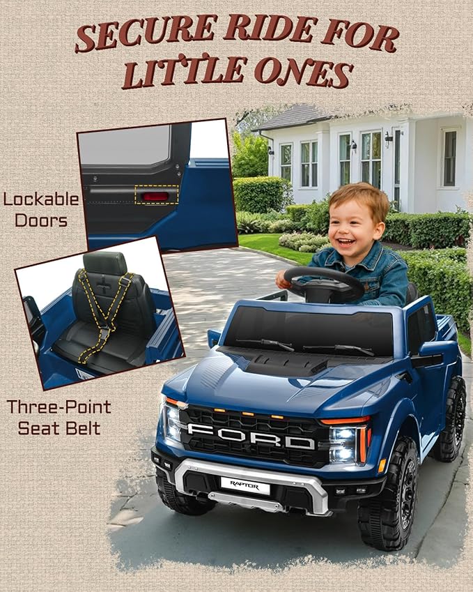 First Ride On 12V Electric Car for Kids, Licensed Ford F-150 Raptor Toddler Ride on Toys with Remote Control, Kids Ride on Truck with Smooth Start, Truck Bed Storage, Bluetooth (Blue)