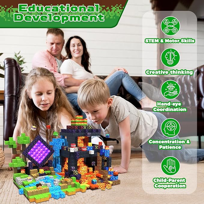 Magnetic Blocks - 300 PCS with Light Up Blocks Dinosaur Volcano Forest Castle Set - Kids Classroom Sensory Toy for Toddlers STEM, Construction Stacking Toy Kids 3+ Boys Girls Christmas Birthday Gifts