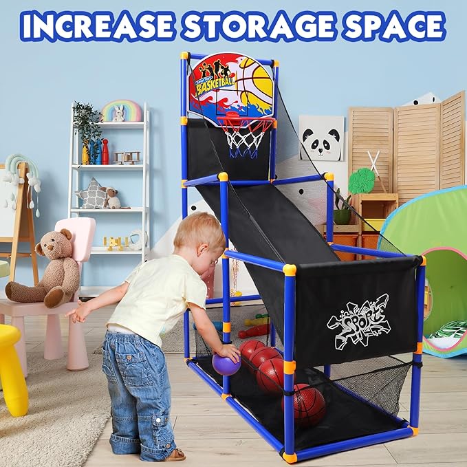 AOKESI Arcade Basketball Game Set for Kids, Toddler Basketball Hoop with 4 Balls Indoor and Outdoor Sports Toys Gifts for Boys Girls Aged 3-4 5-6 7-12 Years Old Adjustable Height Stand