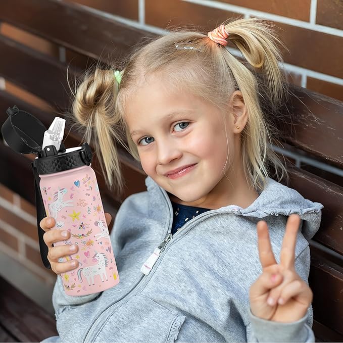 GOPPUS Kids Water Bottle (Straw Lid) - 18 Oz Stainless Steel Travel Bottle, Double Wall Vacuum Leak Proof Kids Cup for School Boys Girls,Unicorn Fields