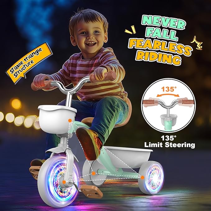 Toddler Tricycle for 1-3 3-4 Year Olds, Toddler Toys Baby Bike, Toys for Ages 2-4, 3-Level Adjustable Seat, 3 Colorful Lighting Wheels, 2 3 4 Year Old Boy Girl Birthday Gifts