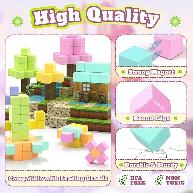 65 PCS Magnetic Blocks Set, 1" Magnet Building Blocks with Toy Eyes and Storage Bag for Kids Gifts, STEM Educational Preschool Sensory Toys for Toddlers Boys Girls Ages 3 4 5 6 7 8 + (Macaron Color)