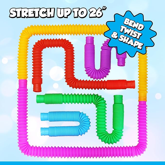 Pop Tubes Sensory Toys 24 Pack, Fine Motor Skills Toddler Toys, Thick Fidget Sensory Toys for Kids and Adults, Learning Toys, 7.5" in Diameter, Stretches Up to 26" by Playkidz