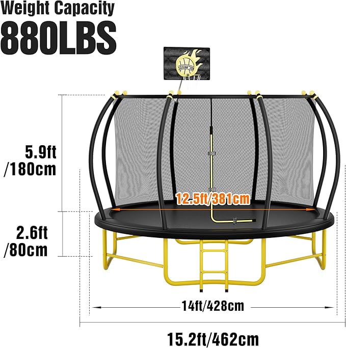16FT Pumpkin Trampoline for Kids Adults, ASTM Approved Outdoor Recreational Trampoline with Basketball Hoop, Enclosure Net, Yellow