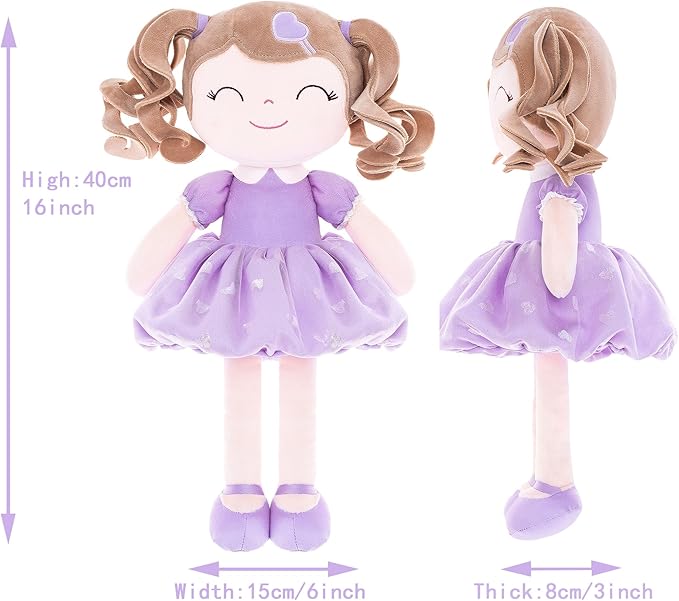 Gloveleya Baby Doll Gifts Plush Curly Girl Toys with Love Purple Light Skin