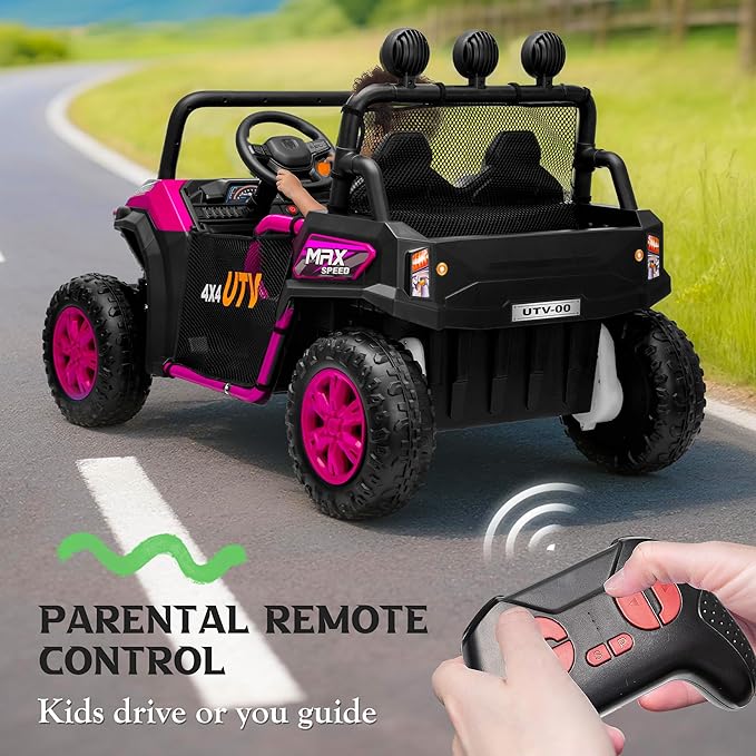 24V 2 Seater Ride on UTV Car, 4WD Ride on Toys for Kids with Remote Control, Shock Absorbers, LED Lights, Music, Off-Road Electric Car for Kids Boys Girls (Pink)