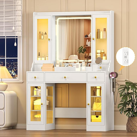 Makeup Vanity Desk with Mirror and Lights, 41" White Vanity Set with 5 Drawers & 4 Glass Cabinets, Power Outlet & Adjustable LED Lights, Dressing Table for Women & Girls Bedroom