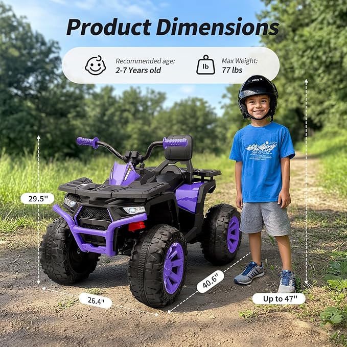12V Kids 4 Wheeler ATV, 2-Seater Electric ATV Four Wheeler for Big Kids with Bluetooth, 14.4" Big Wheels - Purple