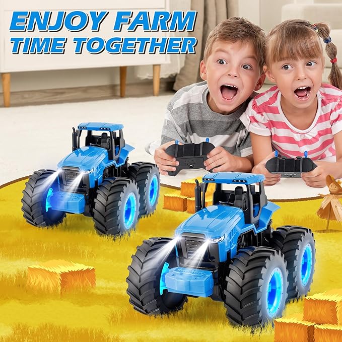 Remote Control Monster Tractor Toy for 3, 4, 5, 6, 7 years old, Blue Light Up Monster Trucks Toy with LED Lights Toddlers RC Farm Vehicle Toys for Boys ＆ Girls Ideal Christmas, Birthday Gifts for Kids