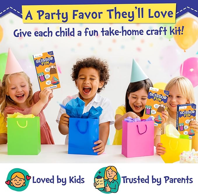 Funcils Educational Kids Party Favors (15 Pack) - Scissor Skills Craft Activity Kits with Book, Scissors & Glue - Birthday Goodie Bags Stuffers, Classroom Return Gifts for Boys & Girls Ages 3 4 5 6 7