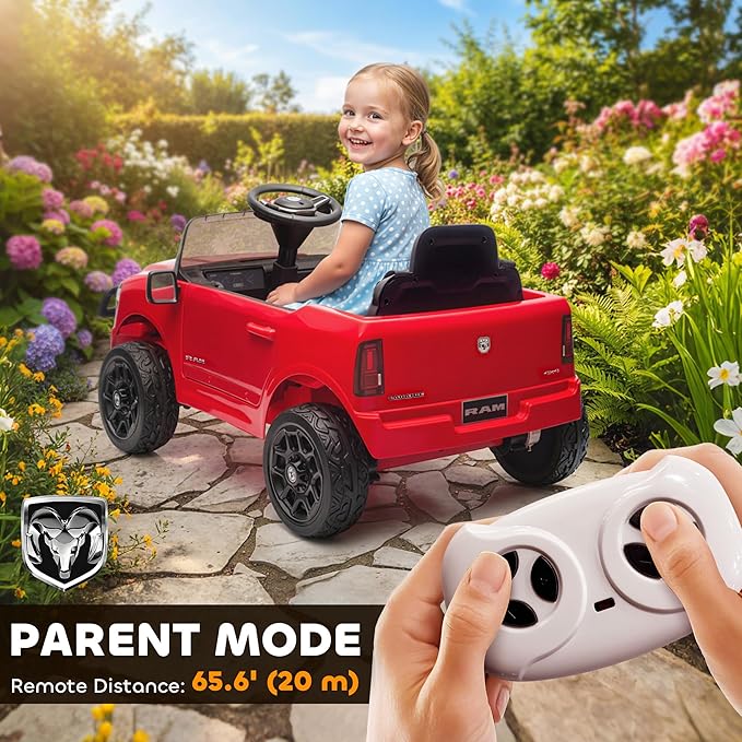 Qaba 12V Kids Ride on Car, Licensed Dodge RAM 3500 Electric Car for Kids with Dual Motors, Parent Remote Control, Rear Suspension, Power Display, Bluetooth Music and LED Lights, Red