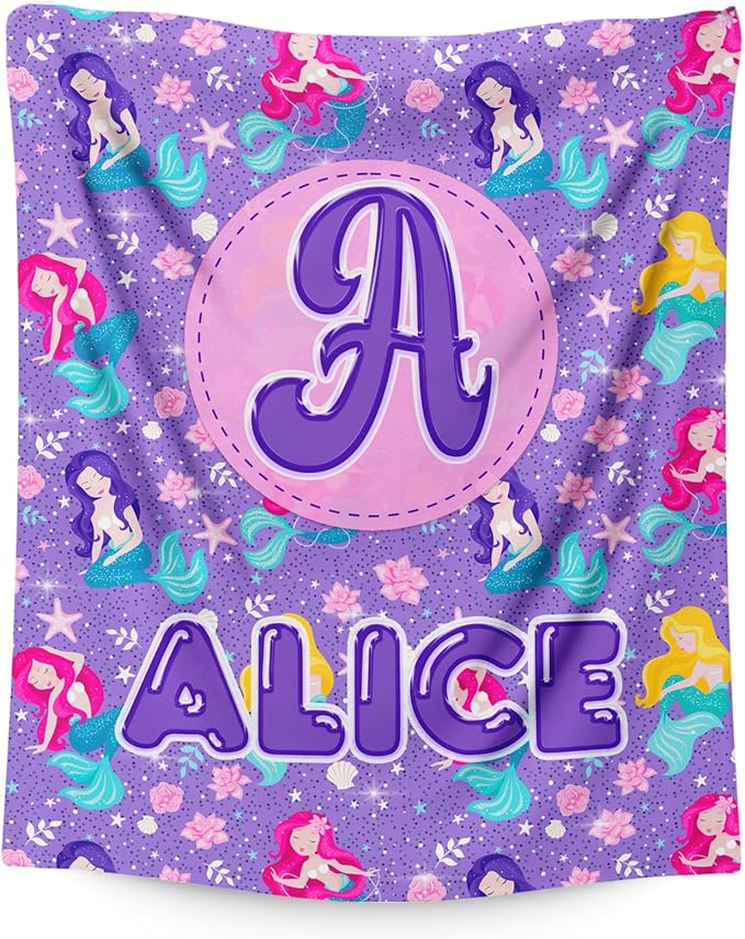 Kids Girls Blankets Gift, Personalized Mermaid Blanket with Initial Monogram Name for Kids Toddlers Girls Age 6-8, Soft Cozy Flannel Throw for Sofa Bed Couch Decor