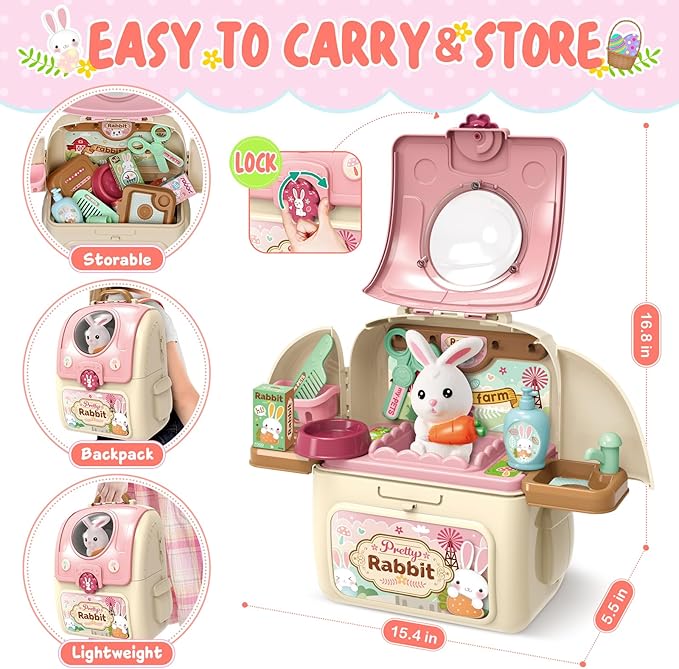 Shemira Girl Toys Gifts for 2 3 4 5 6 Years Old, Toddler Girl Toys, Bunny Toys for Kids, Easters' Gifts for Girls, Pet Care Pretend Toys with Toy Bunny & Storage Backpack