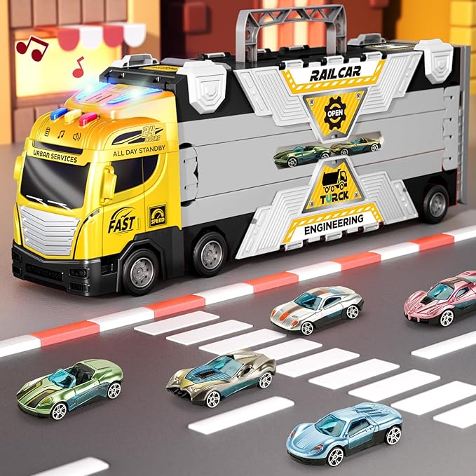 65-Inch Race Car Tracks and 20 Car Toys for Kids Boys Toddlers, Boy Toddler Toys Trucks for 3 4 5 6 7 8 Years Old Kids with Lights Sounds, Truck Toys Gift for 3 4 5 6 7 8 Years Old Boys Girls