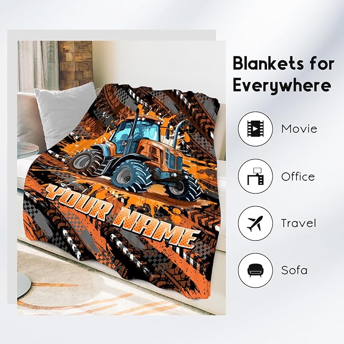 Personalized Blanket for Kids Tractor Throw Gifts - 4 Sizes Cozy Soft Fleece Blankets for Toddler Boys