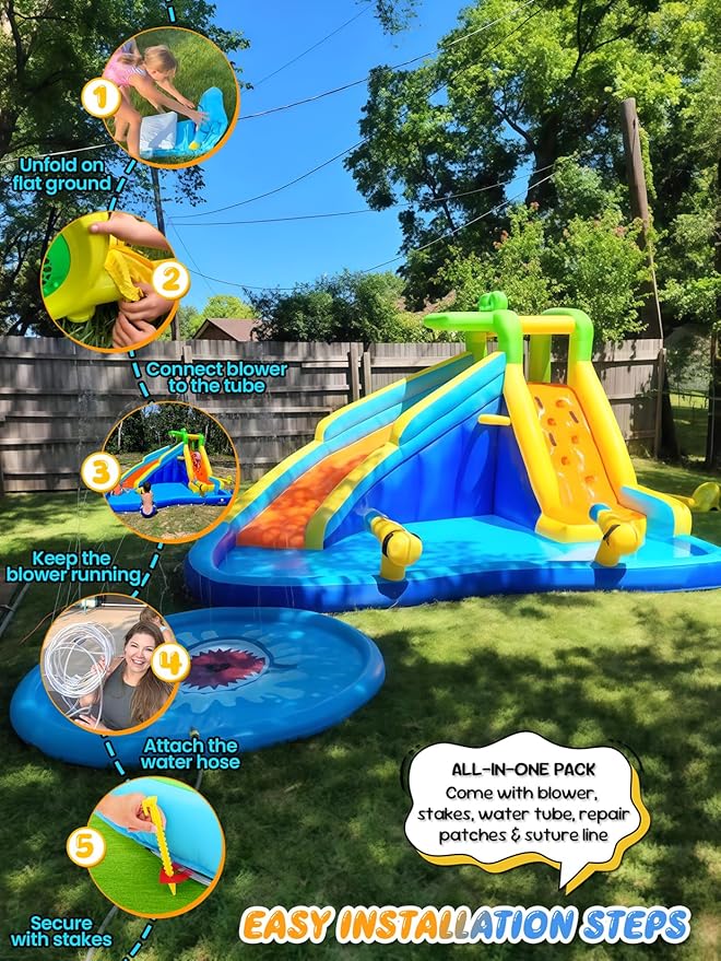 ROOJER Inflatable Water Slide Park for Kids Backyard 8-in-1 Blow Up Crocodile Spray Slide with 450W Blower, Splash Pool, Climbing Wall, Water Cannon, Basketball Hoop for Summer Outdoor Play Party Gift