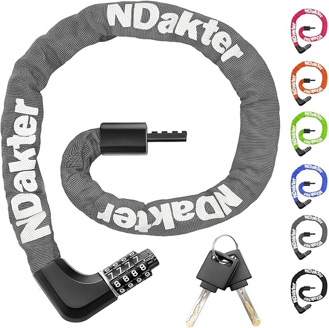NDakter Upgrade Bike Chain Lock with 4 Digit Combination and 2 Keys, 3.2/4.28 Ft Heavy Duty Anti-Theft Bicycle Lock, 2 Ways to Unlock High Security Scooter Locks for Ebike, Escooter, Door