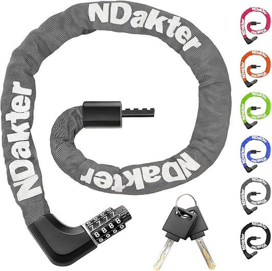 NDakter Upgrade Bike Chain Lock with 4 Digit Combination and 2 Keys, 3.2/4.28 Ft Heavy Duty Anti-Theft Bicycle Lock, 2 Ways to Unlock High Security Scooter Locks for Ebike, Escooter, Door