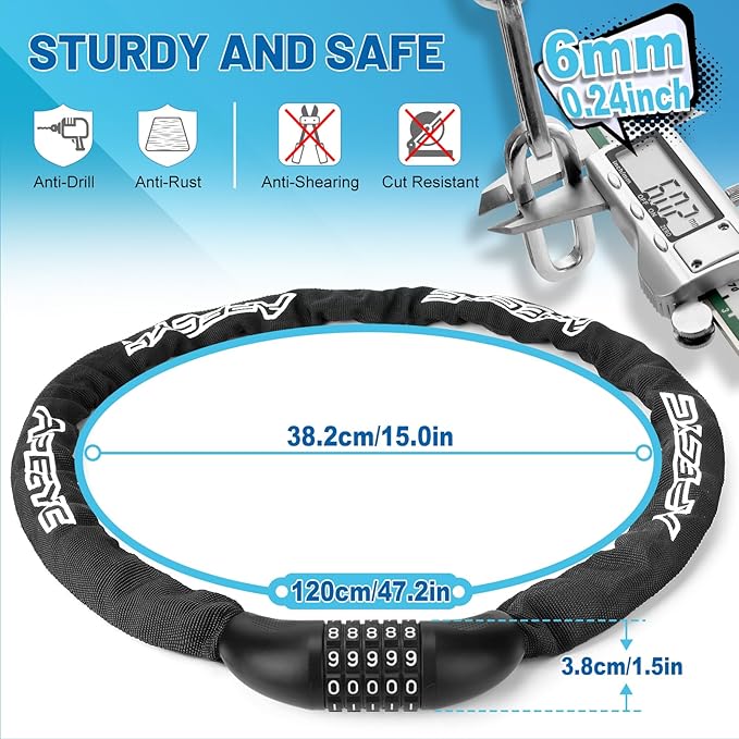 Heavy Duty Bike Chain Lock – 5 Digit Combination Anti-Theft Bicycle Lock, 3FT/4FT/5FT Hardened Steel Square Links for E-Bike, Motorcycle, Scooter, Gate