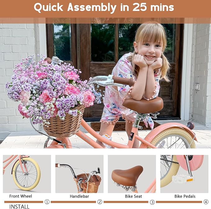 Glerc Little Molly 12-20 Inch Kids Retro Cruiser Bike for 2-13 Year Old with Wicker Basket & Training Wheels/Kickstand, Multiple Colors