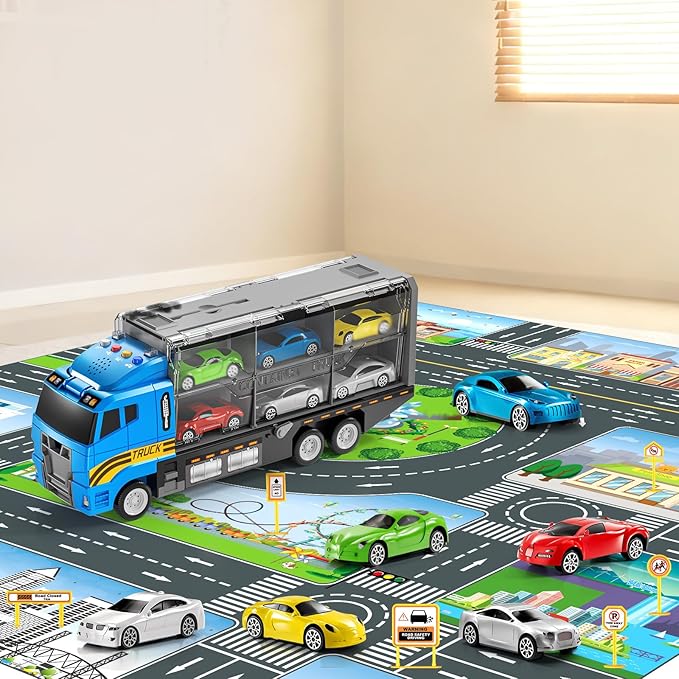 Toddler Boys Toys for 3 4 5 6 Years Old, Truck Vehicle Set with Play Mat and Die-Cast Toy Car, Transport Carrier Truck for Kids, Birthday Gifts Toys for 3 4 5 6 7 8+ Year Old Boys