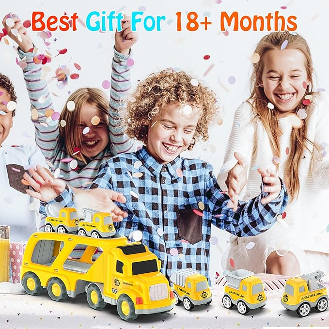 Veslier Toddler Car Toys for 3 4 5 Years Old Construction Transport Truck with 4 Pack Small Pull Back Construction Vehicles Friction Power Cars Christmas Birthday Gifts for Kids Boys Girls