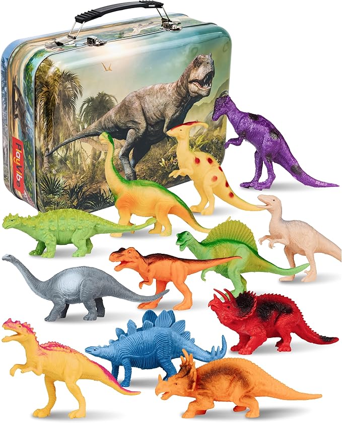 PLAYVIBE Dinosaur Toys - 12 Realistic 7-Inch Models, Multi-Color, Metal Storage Box - Dinosaur Figures & Action Figures for Kids Ages 3-7