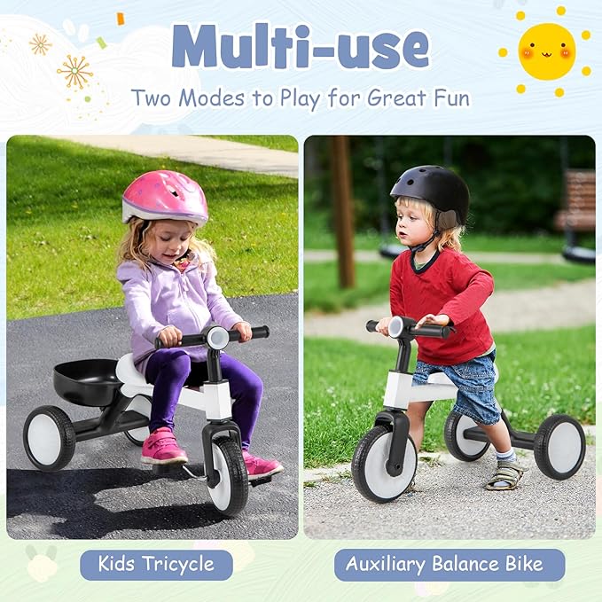 BABY JOY Toddler Tricycle, 2-in-1 Kids Tricycle Auxiliary Balance Bike with Carbon Steel Frame, Detachable Pedals & Removable Storage Basket, Toddler Trikes for 2-4 Year Old Baby Boy Girl