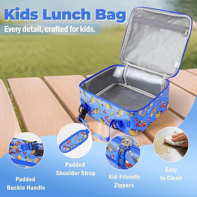 Kids Lunch Box Kids Lunch Bag for Girls Boys, Insulated Lunch Bag for Men with Shoulder Strap, Small Lunchbox for Girls School Travel Picnic (Blue, Car)
