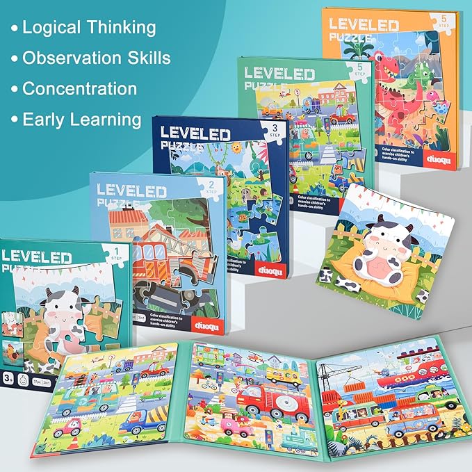 ASTARON Magnetic Puzzles for Toddlers, 9-12-16 Pieces Farm Learning Magnet Puzzle for Road Trip, Educational Travel Toys Car Plane Activities for Kids, Kids Birthday Gifts