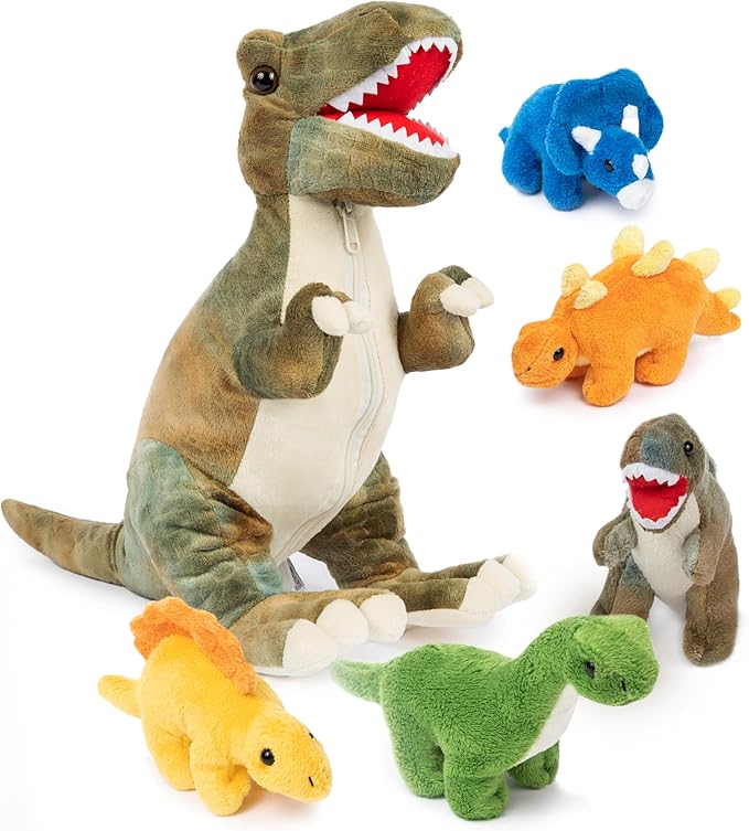 PREXTEX Dinosaur Stuffed Animal Set - Mommy T-Rex with 5 Plush Baby Dinosaurs Inside - Soft Dinosaurs Plush Toys for Kids 3 and Up - Portable Dinosaur Pillow Gift for Boys and Girls - Zipper Storage