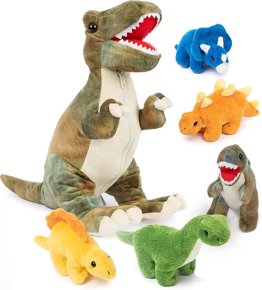 PREXTEX Dinosaur Stuffed Animal Set - Mommy T-Rex with 5 Plush Baby Dinosaurs Inside - Soft Dinosaurs Plush Toys for Kids 3 and Up - Portable Dinosaur Pillow Gift for Boys and Girls - Zipper Storage