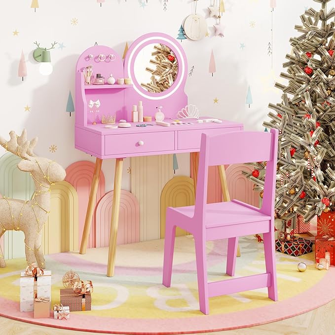 HONEY JOY Kids Vanity, Little Girls Vanity Set with Mirror and Stool and Lights, Drawers, Toddler Makeup Vanity Dressing Table, Wooden Pretend Play Kids Vanity Table and Chair Set (Pink)