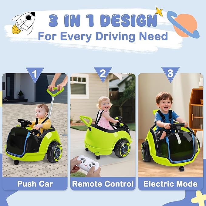 ANPABO 3-in-1 Electric Push Ride On Car, 12V Kids Ride On Toy w/Remote Control, 360° Spin, 5-Point Safety Belt, Colorful LED Light, Music Player, Push Car for Toddler Ages 1-3 (Green)