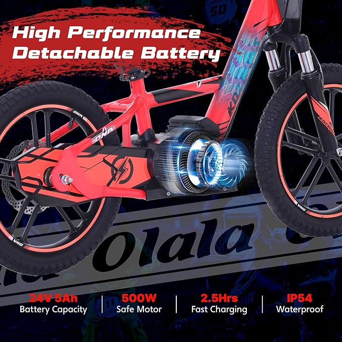 OLALA Electric Dirt Bike for Kids Aged 5-10, 500W Professional Version, Racing Grade Electric Motorcycle, Up to 15.5MPH & 3 Speed Settings, 24V Detachable Battery, 16IN Off-Road Tires