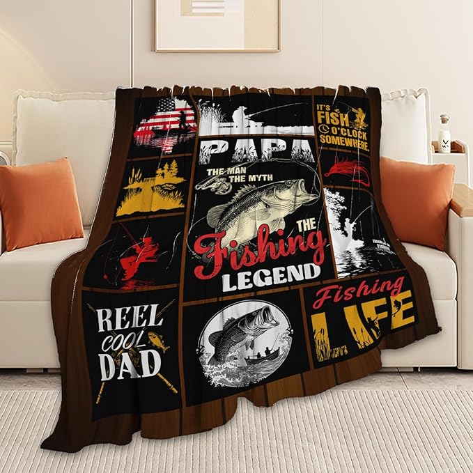 Fish Throw Blanket Fishing Stuff Gifts for Kids Girls Boys Adults Women Men Soft Cozy Warm Plush Fluffy Fuzzy Fleece Blanket Decor 60''X80''