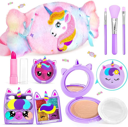 ULOVEME Kids Real Makeup Kit for Girls with Fluffy Purse - Real, Non Toxic, Washable Make Up Toy - Umicorn Toys Gift for 3 4 5 6 7 8 Years Old Girls Birthday