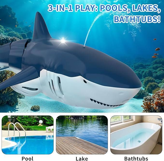 2.4GHz Remote Control Shark Toy for Pool, 1:18 Scale High Simulation RC Shark with Light & Spray Water, Electric Remote Controlled Swimming Water Toy Boat for 4 5 6 7 Year olds Kid Boys Girls