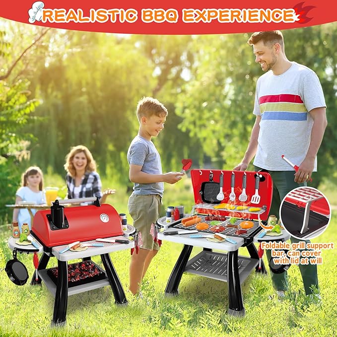 Kids Play Kitchen Toys, Kids BBQ Grill Kitchen Playset with Smoke, Sound & Light, Play Food Toys Cooking Set, 2-Layer Barbecue Outdoor Play Grill Toy Gift for Toddler Boys Girls 3-5