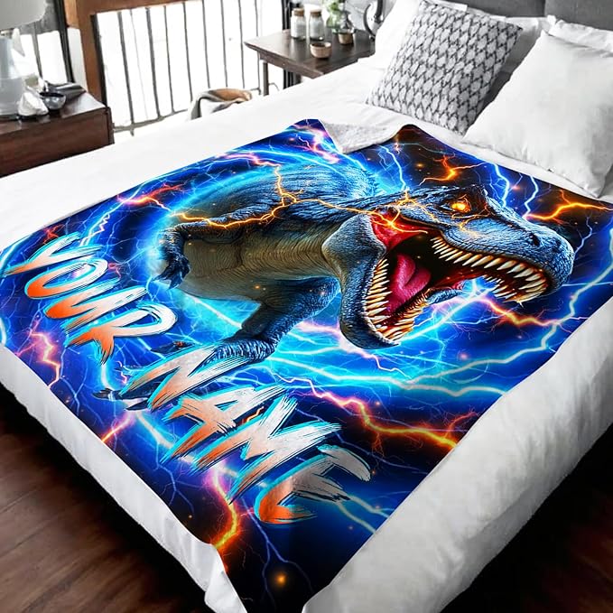 Personalized Dinosaur Blanket for Boys, Custom Throw Blankets Gift for Kids Adults Son Birthday 50x60 Inches Lightweight Soft Cozy Dinosaur Decor Blanket for Sofa Couch Bed Living Room